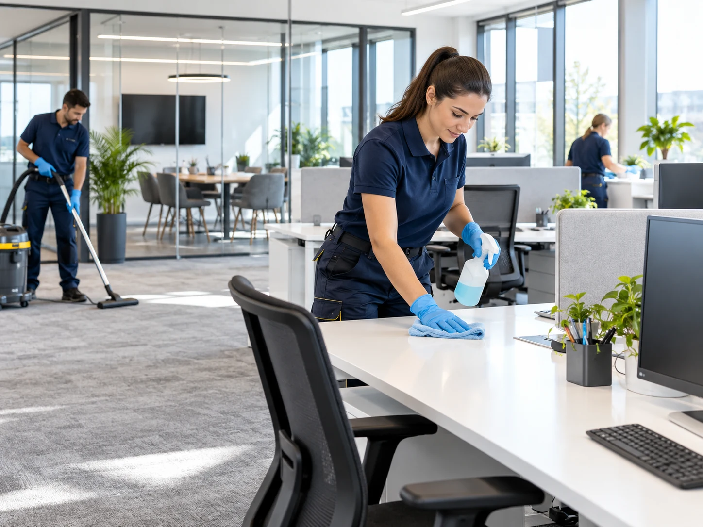 Büroreinigung in einem modernen Großraumbüro in Berlin