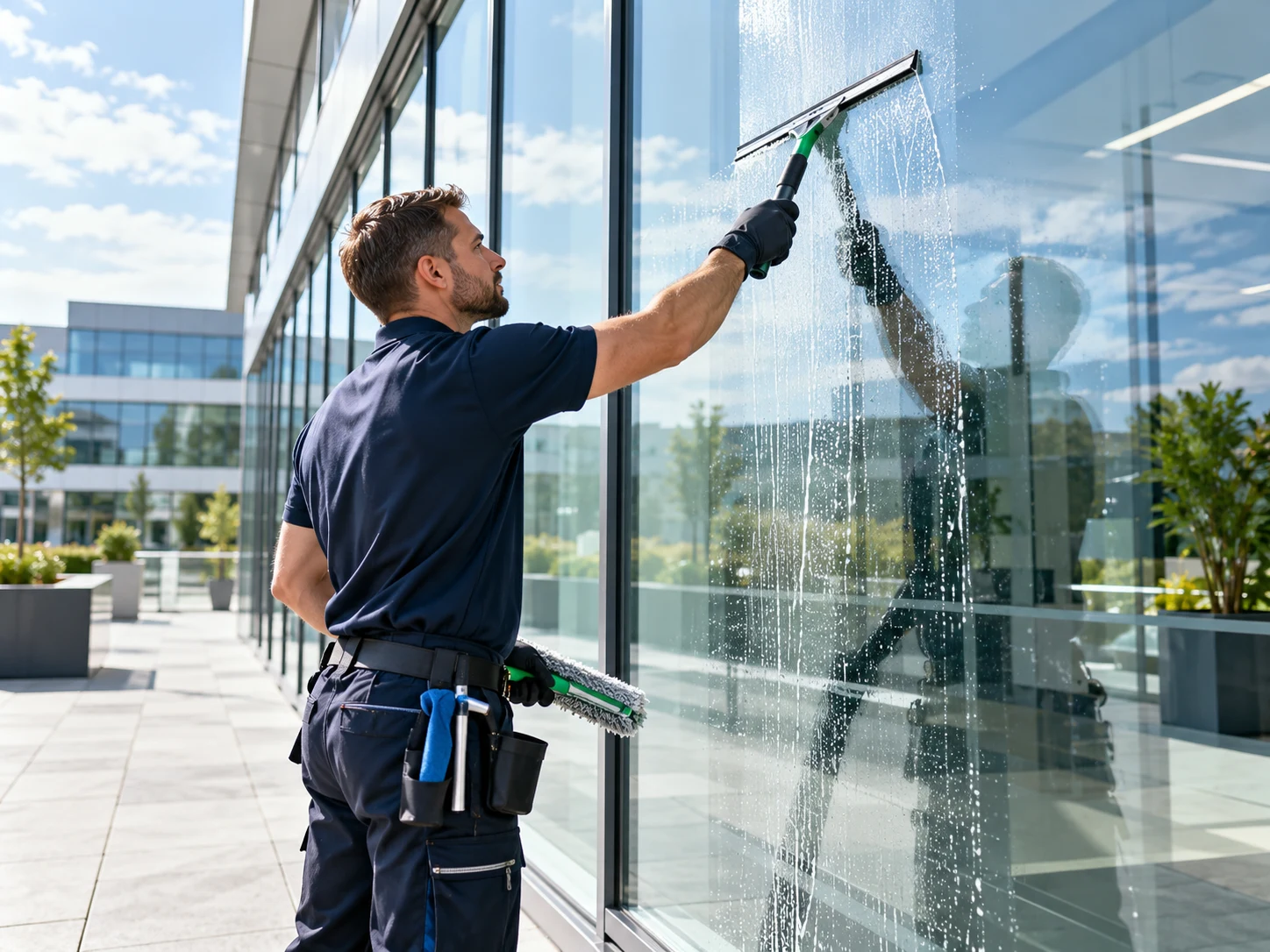 Glas- und Fensterreinigung an einem modernen Geschäftsgebäude