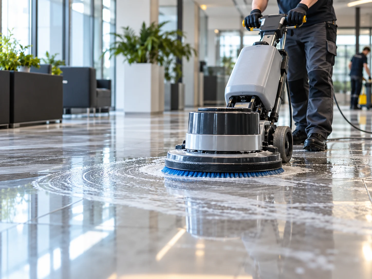 Grundreinigung eines Bodens mit professioneller Reinigungsmaschine