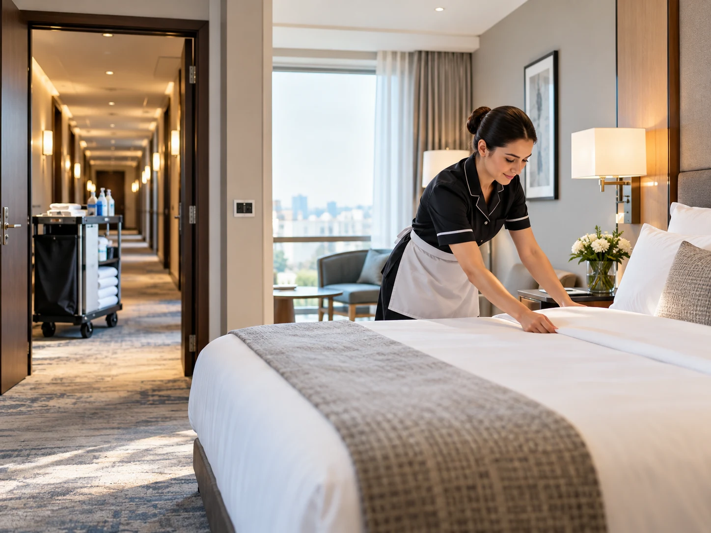 Hotelreinigung in einem gepflegten Gästezimmer