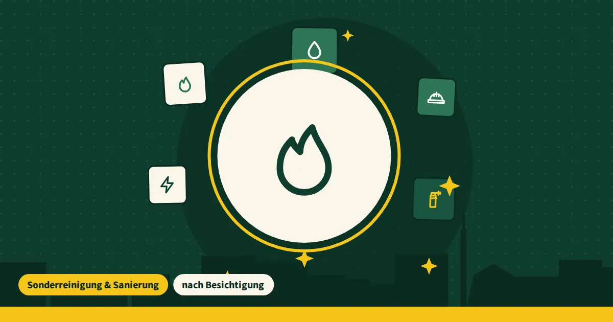 Symbolgrafik zur Brandschadenreinigung in Berlin mit Reinigungssymbolen auf grünem Grund