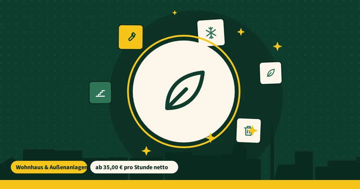 Symbolgrafik zur Gartenpflege in Berlin mit Reinigungssymbolen auf grünem Grund