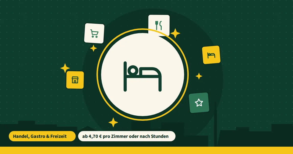 Symbolgrafik zur Hotelreinigung in Berlin mit Reinigungssymbolen auf grünem Grund