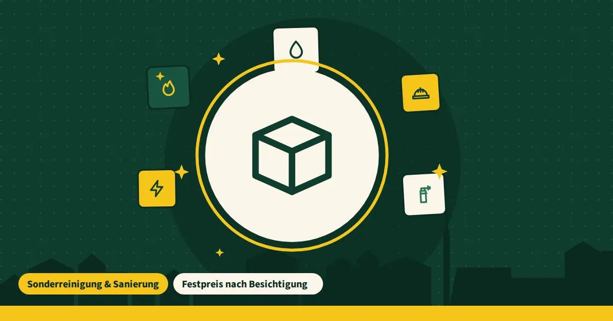 Symbolgrafik zur Messie-Reinigung in Berlin mit Reinigungssymbolen auf grünem Grund