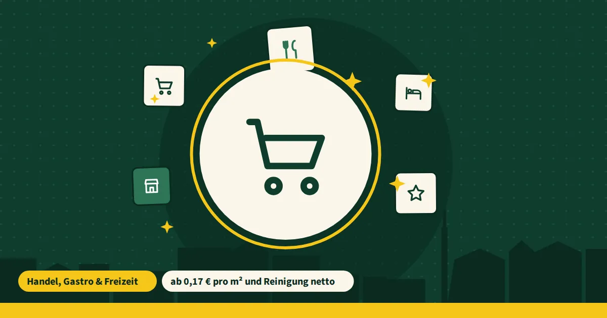 Symbolgrafik zur Supermarktreinigung in Berlin mit Reinigungssymbolen auf grünem Grund